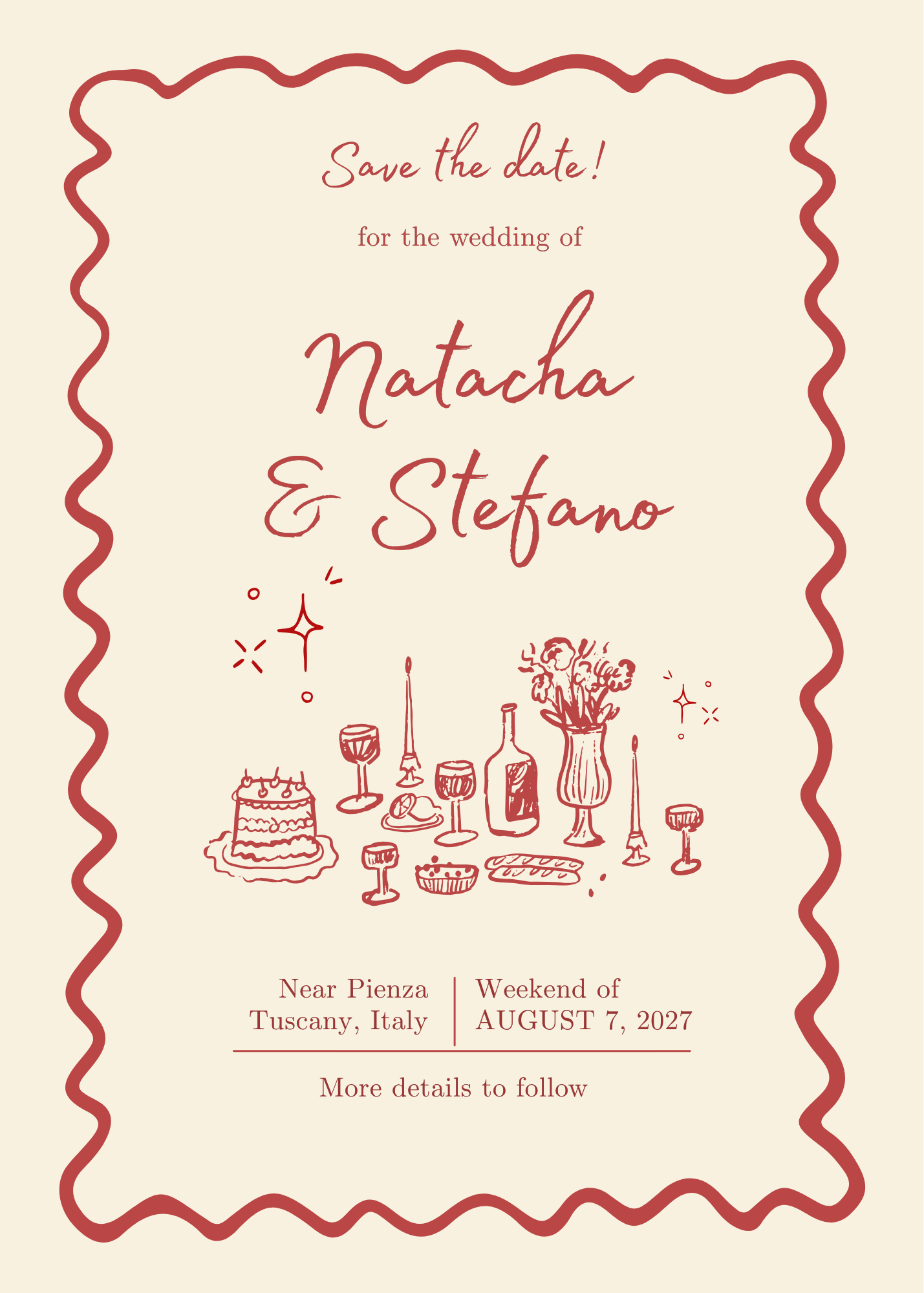 Save the date for Natacha and Stefano's wedding near Pienza, Tuscany, on the weekend of August 7, 2027.
